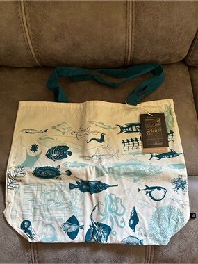 Ocean Life Printed Canvas Tote in Teal and Cream